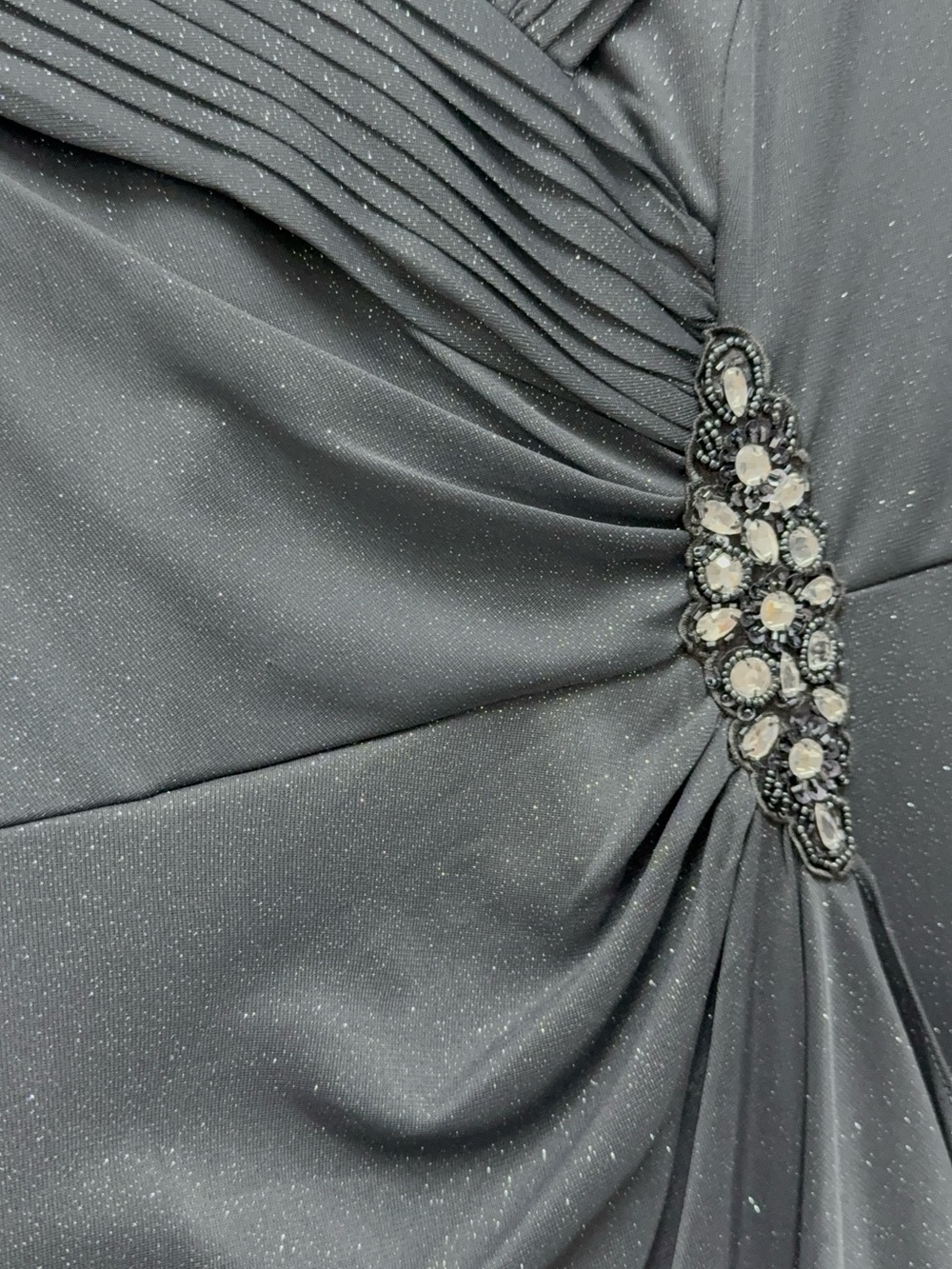 Alex Evenings Charcoal Sparkle Wrap-Front Long Sleeve Gown With Sheer Sleeves - Picture 10 of 14